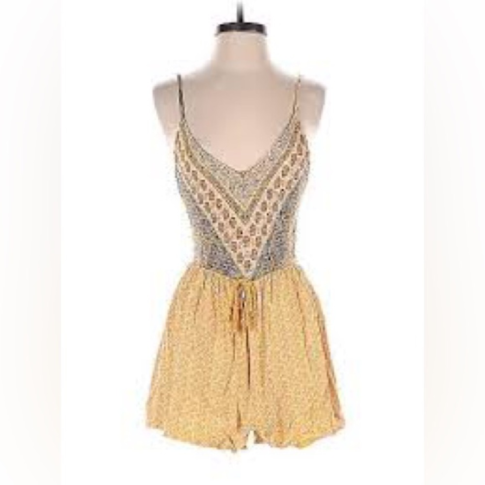 Yellow Floral Paisley Smocked Patchwork Retro 70s‎ Sleeveless Romper Boho Medium